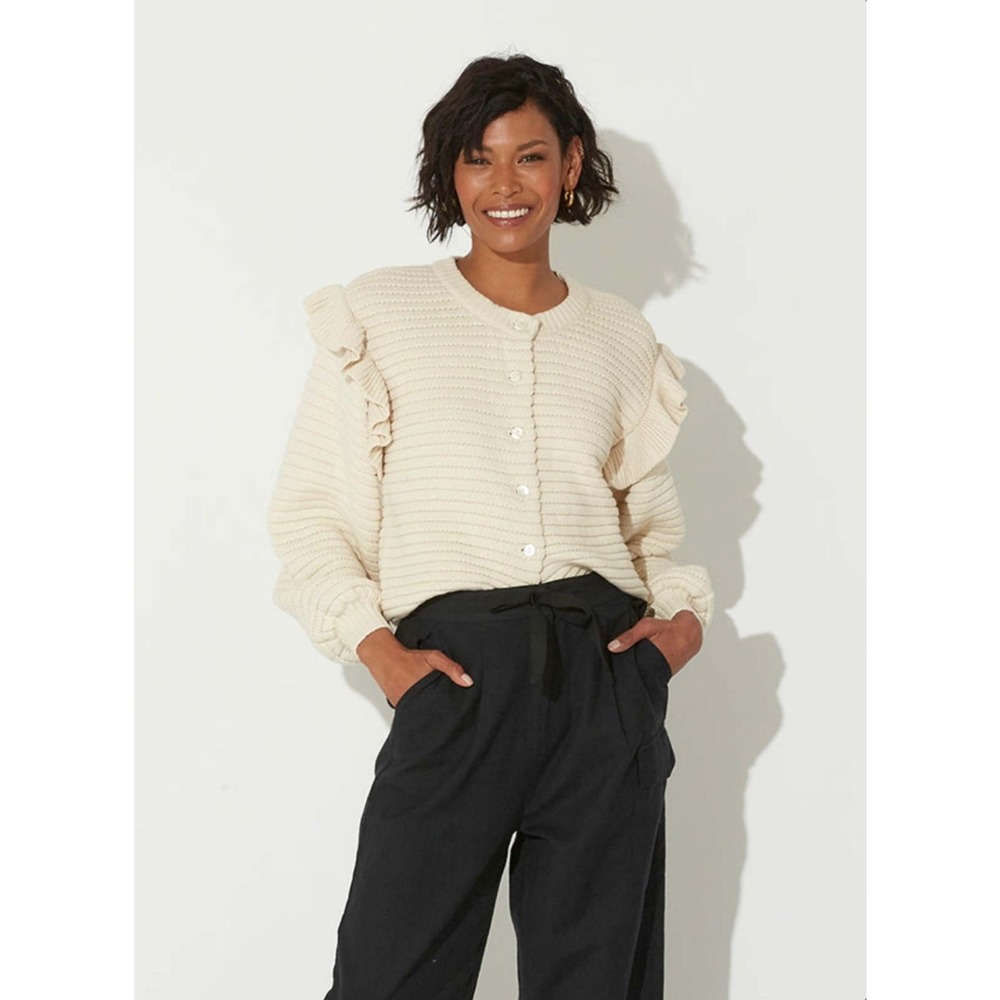Cleobella Maelle Ruffle Cardigan Sweater Cream Ivory Ribbed Knit Puff Sleeve‎ M
